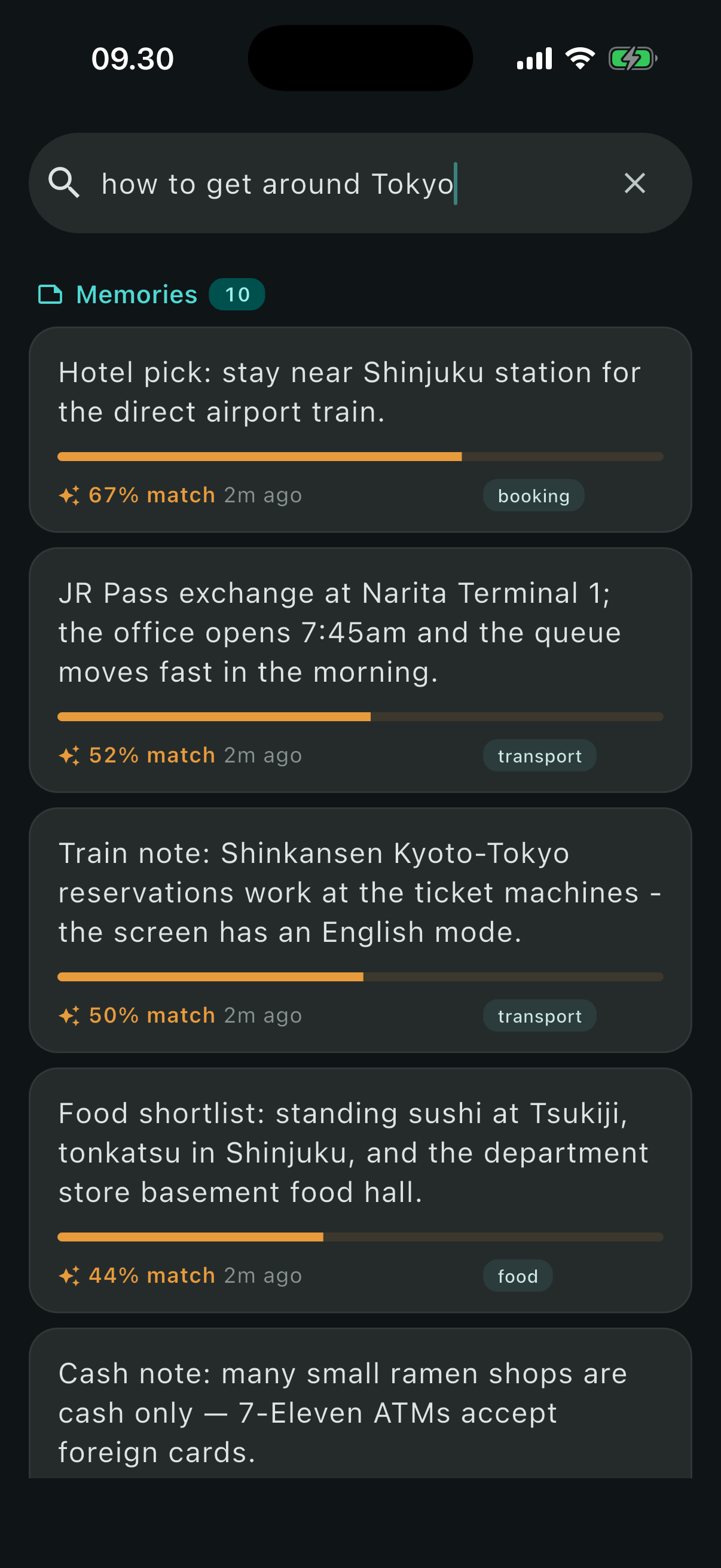 Semantic search results for a Tokyo question, ranked with match scores